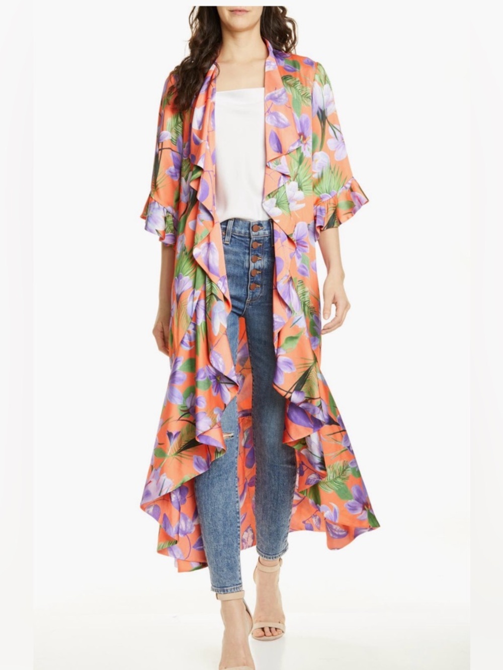 Alice & Olivia Dandi Floral Ruffle Duster Kimono in Coral and Lavender XS/S